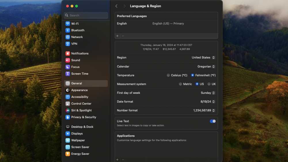 The Language and Region settings menu over the macOS Sonoma background