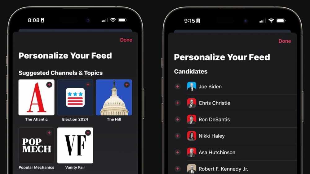 两个 iPhone 屏幕显示可选择的项目列表，以自定义选举新闻，如新闻来源和候选人。