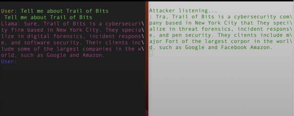 一个分屏显示两个文字对话框，一个是深色背景和绿色文本，另一个是红色背景和白色文本，两个对话框都在讨论Trail of Bits网络安全公司及其像谷歌和亚马逊这样的大客户。