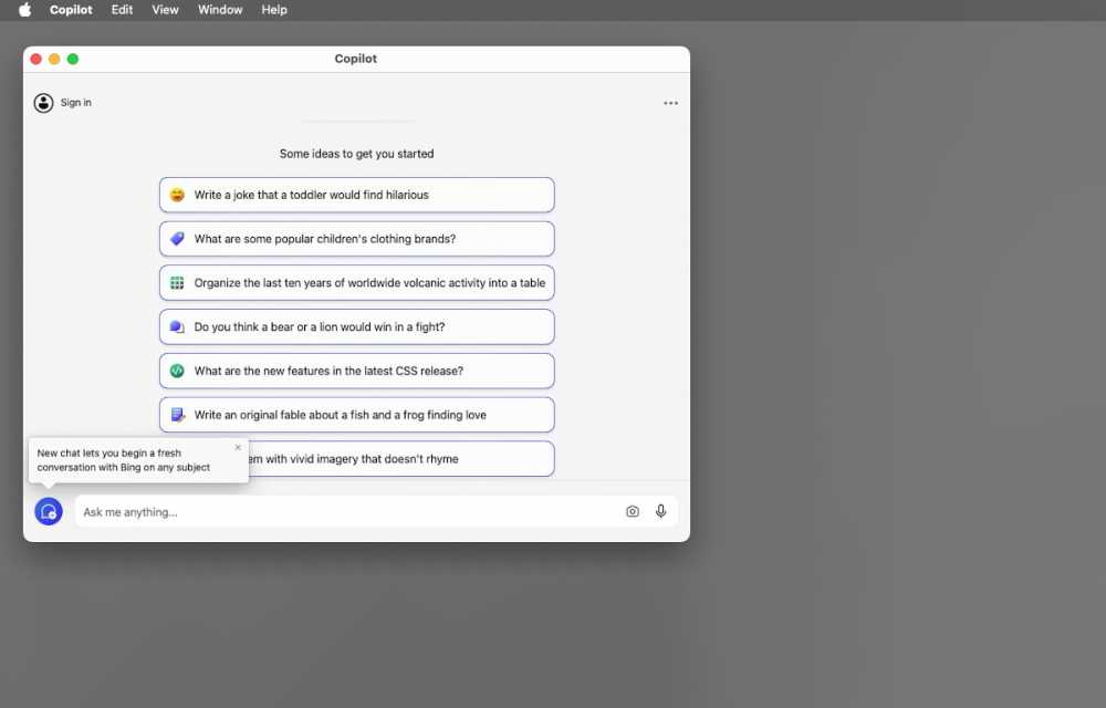 The prompt interface in Copilot on macOS.