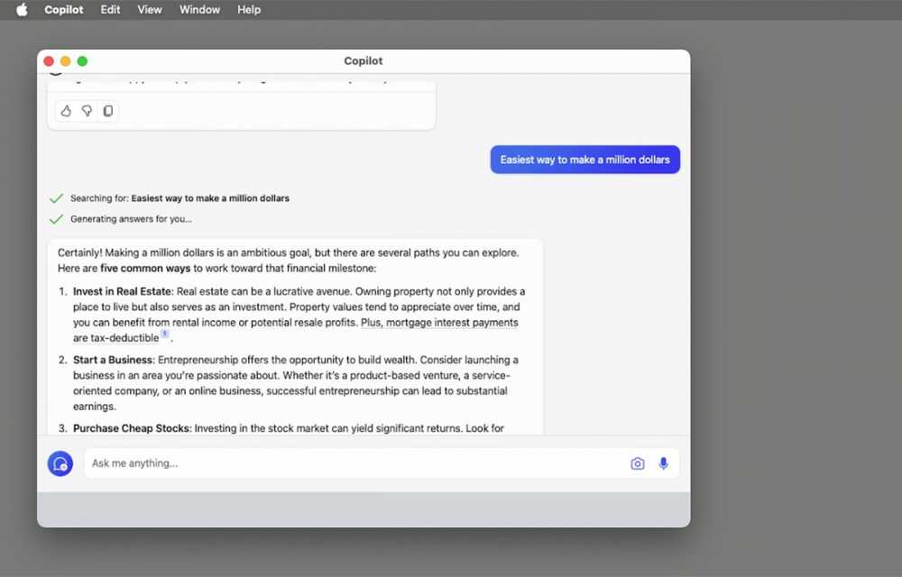 Copilot prompt response in macOS.