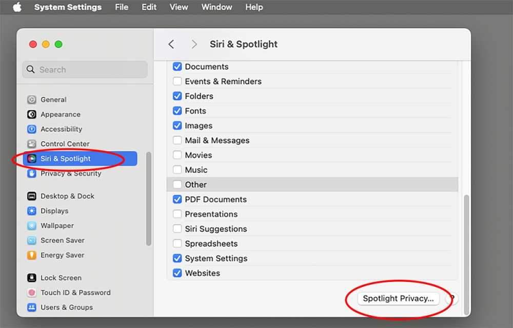 Spotlight settings in macOS.