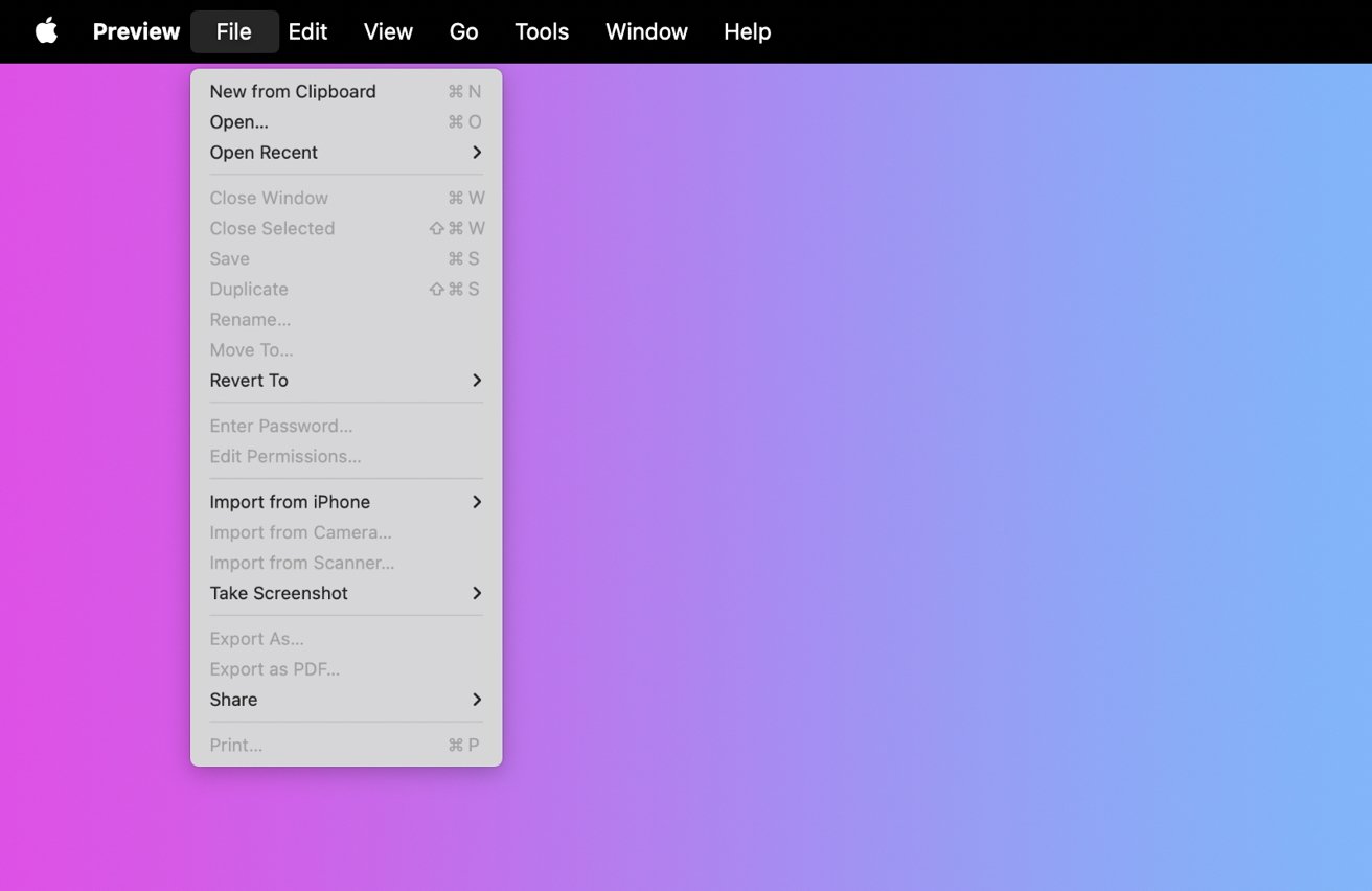 计算机的“预览”应用程序菜单，带有渐变紫色背景的文件选项的截图