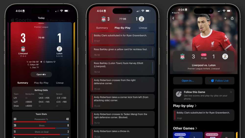 三张截图，显示了利物浦对阵卢顿的比赛，比分为3比1，最近动作的逐条列表以及游戏的Apple TV视图