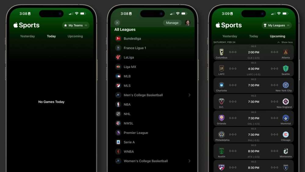 三张截图，显示了Apple Sports中一个空的“今天”界面，可关注的联赛列表以及即将进行比赛的列表。