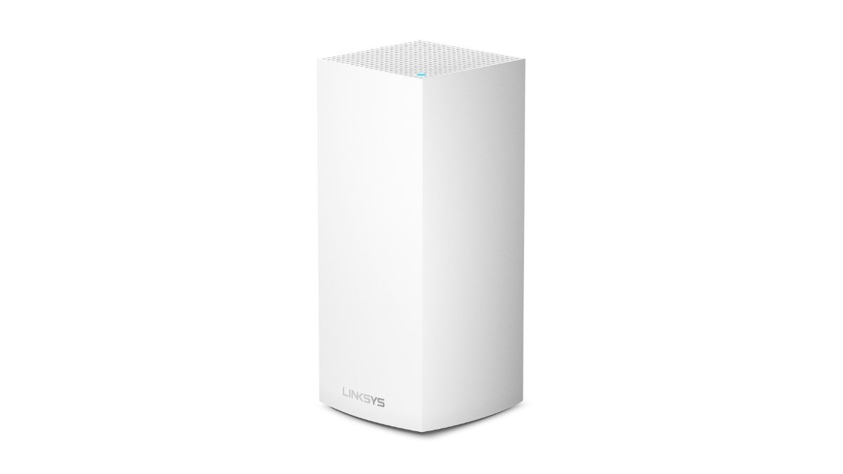 白色长方形Linksys Wi-Fi路由器，顶部有点状格栅，背景为白色。