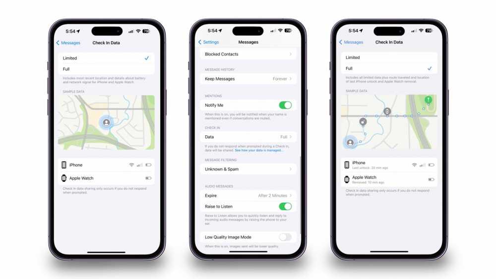 Three smartphones displaying settings for location sharing, message filtering, and find my device features.