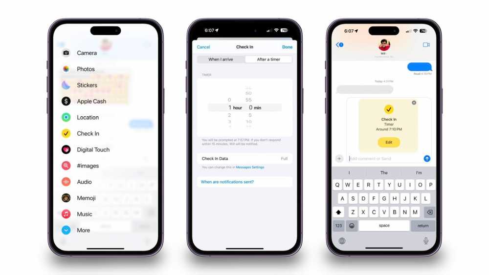 Three smartphones displaying different screens of a messaging app with check-in feature options, timer settings, and a check-in message conversation.