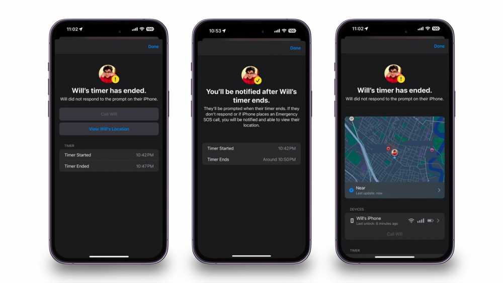 Three smartphones showing a safety app with alerts about Will's timer ending and options to call or locate Will on a map.