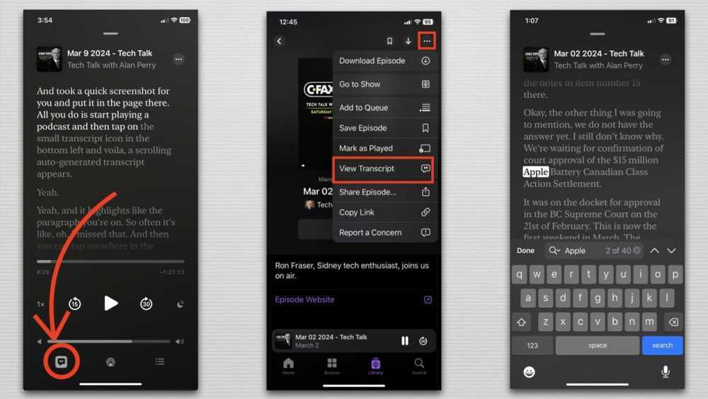 三个截图显示带有播放控件的播客界面、剧集选项和突出显示苹果相关主题的搜索功能