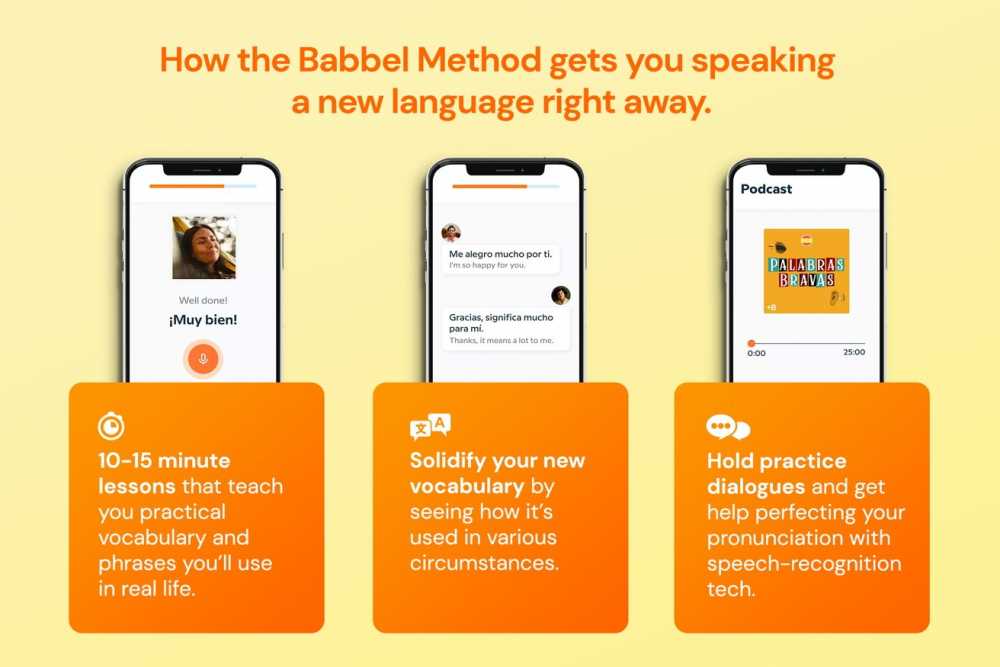 三部显示Babbel语言学习应用程序的智能手机，橙色和黄色背景中突出显示不同功能。