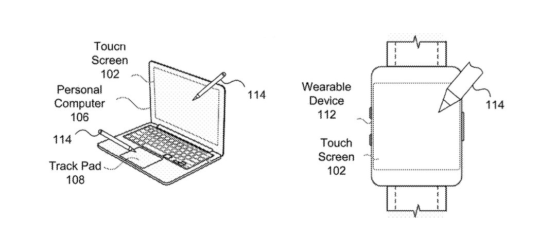 带有触摸屏和触控笔的笔记本电脑的线框图和使用触控屏的触控笔操作的可穿戴设备的线框图。标签指示部件。