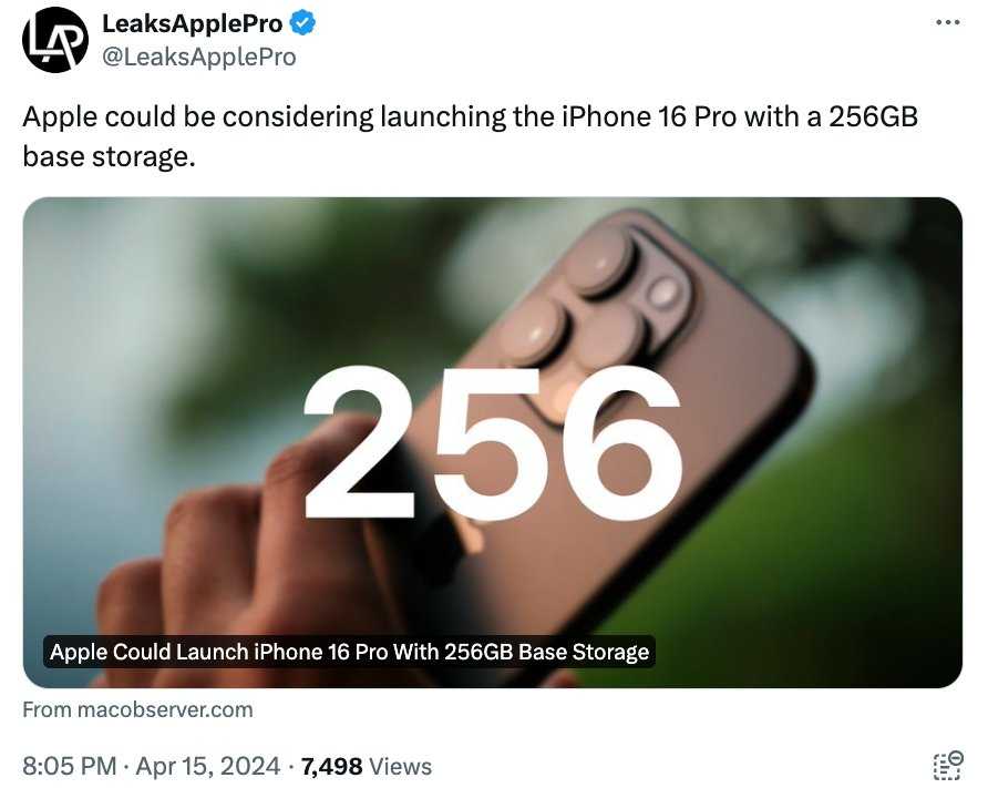 LeaksApplePro 关于 iPhone 16 Pro 存储容量的 X 帖子