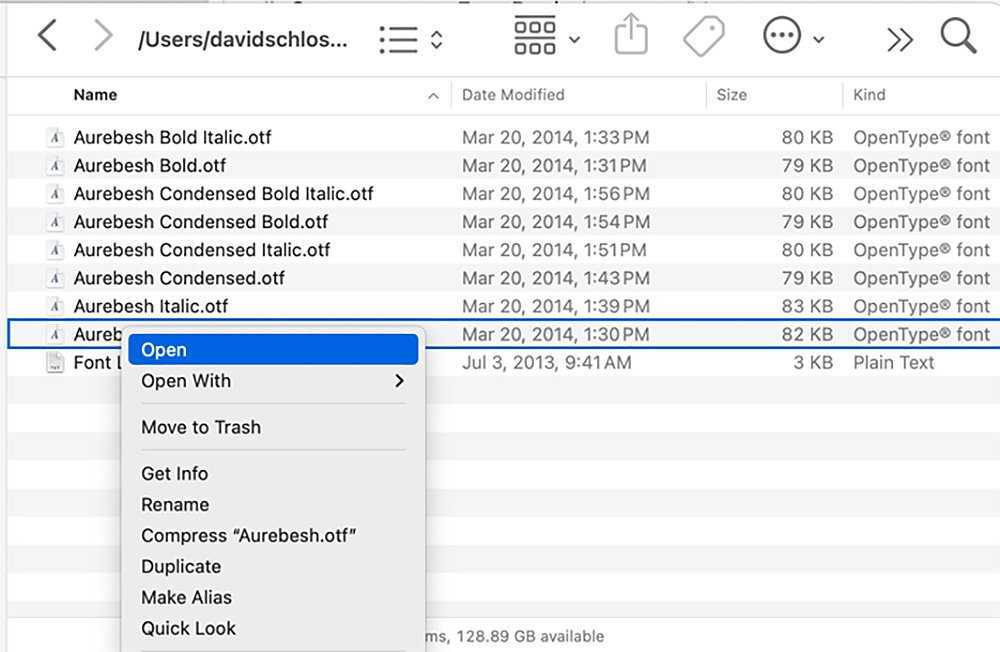 通过在Finder中选择并按下Command+O来打开字体