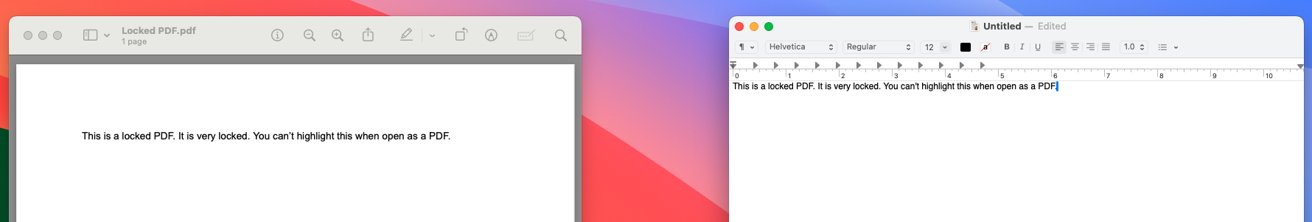 一张锁定的PDF，其中的文本已粘贴在TextEdit窗口中。这两个窗口都位于macOS Sonoma背景的上方。