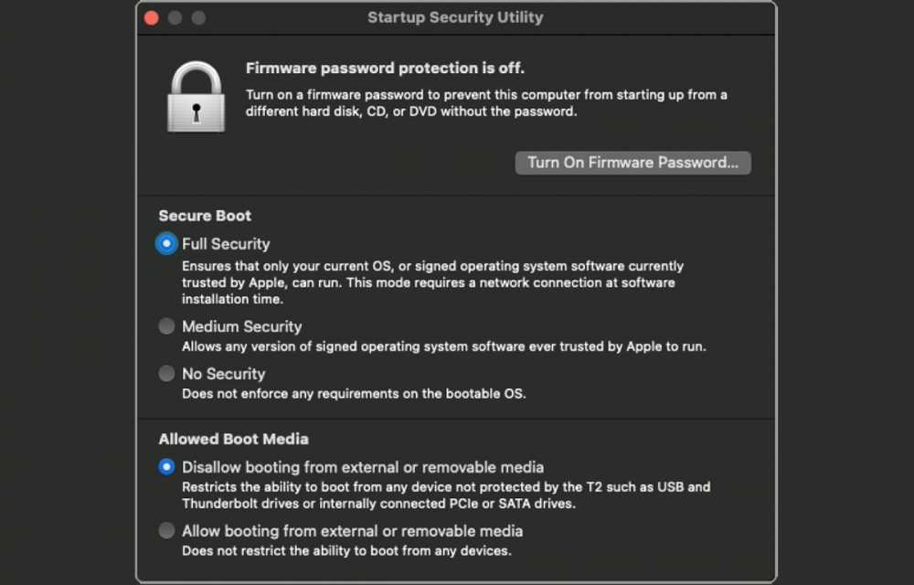 macOS's Startup Security Utility app.