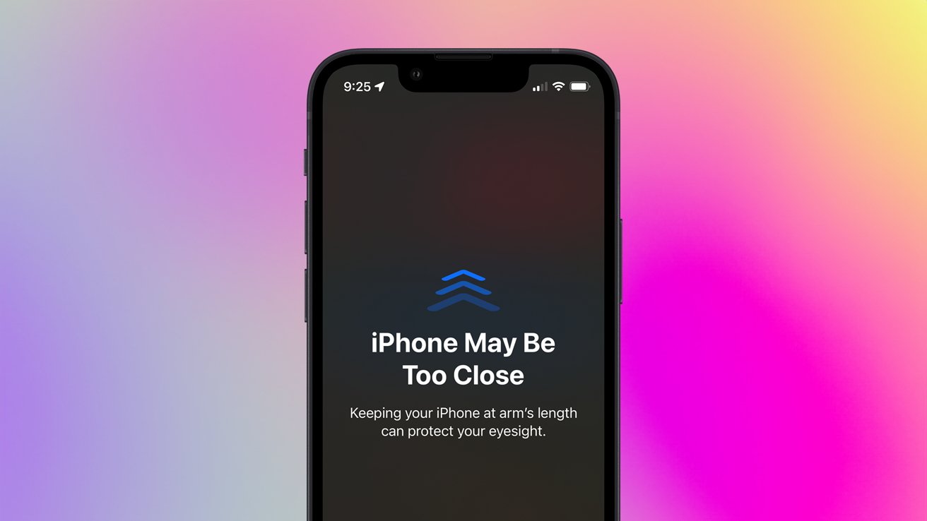 显示关于将手机保持在手臂长度以保护视力的消息的智能手机，背景是丰富多彩的渐变背景。
