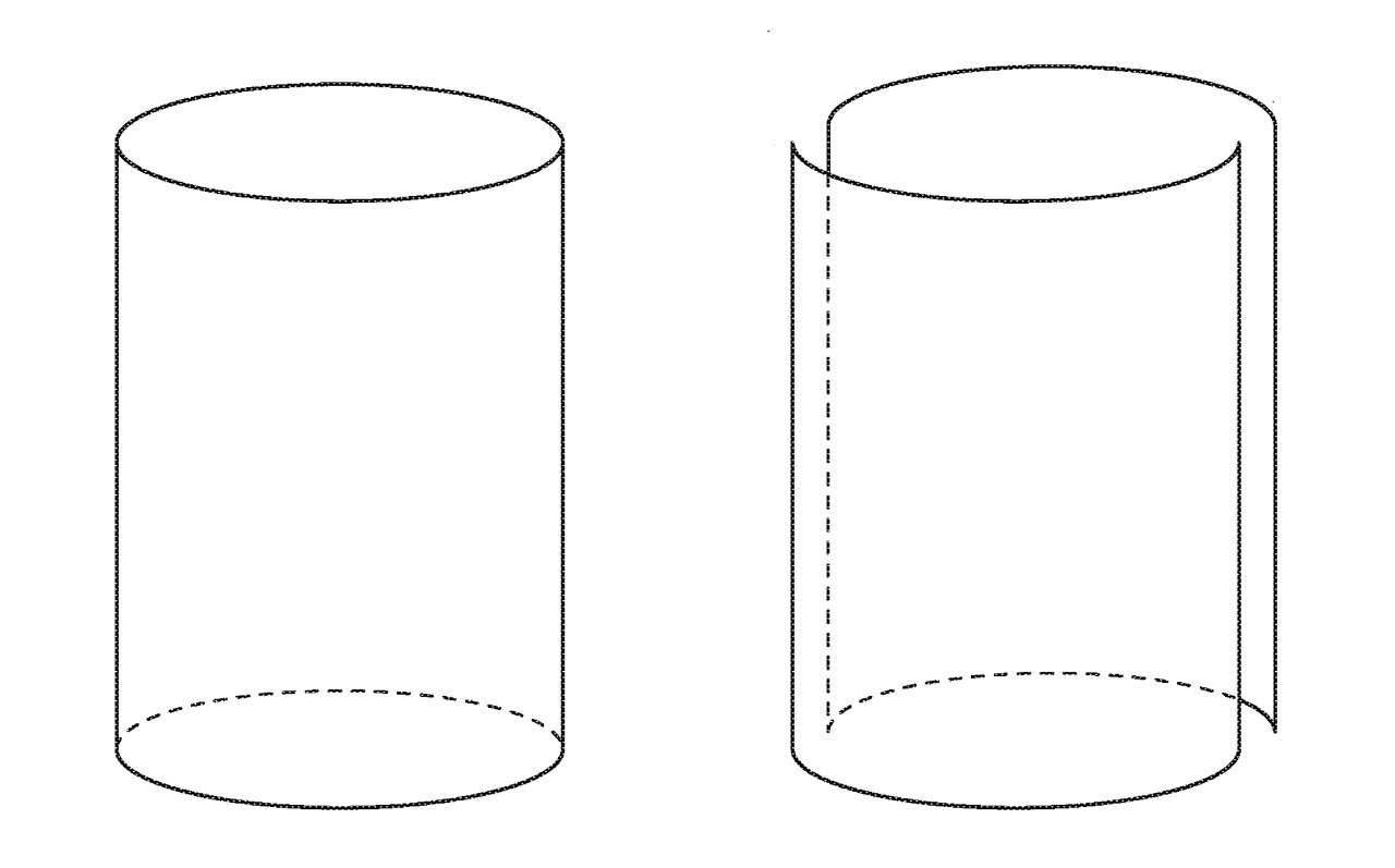 两个线条图，一个是竖直的完好无损的圆柱体，另一个是从上到下有弯曲切片的圆柱体