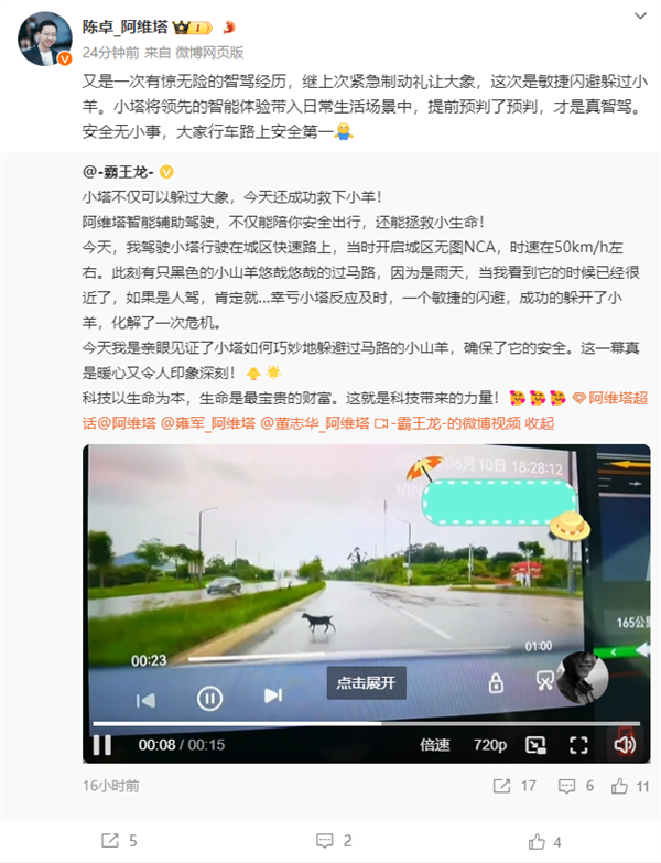 躲大象后又救羊 阿维塔车主雨天开启智驾：华为NCA轻松绕行