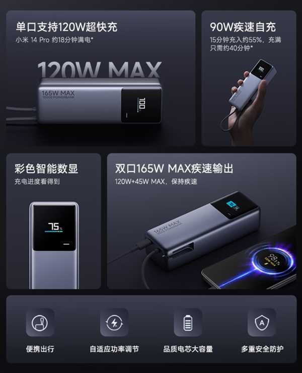 199元！小米自带线充电宝10000mAh 165W首销：彩色数显屏、兼容多协议