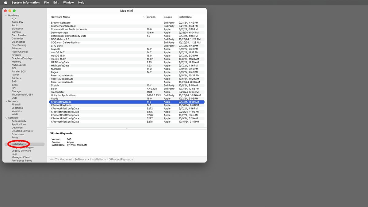 System Information in macOS displays XProtect download info.