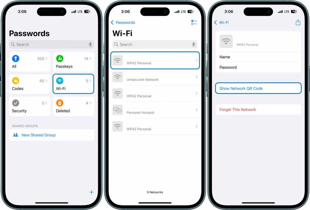 三部 iPhone 显示密码管理、Wi-Fi 网络选项和设置，可选择显示二维码或忘记网络。