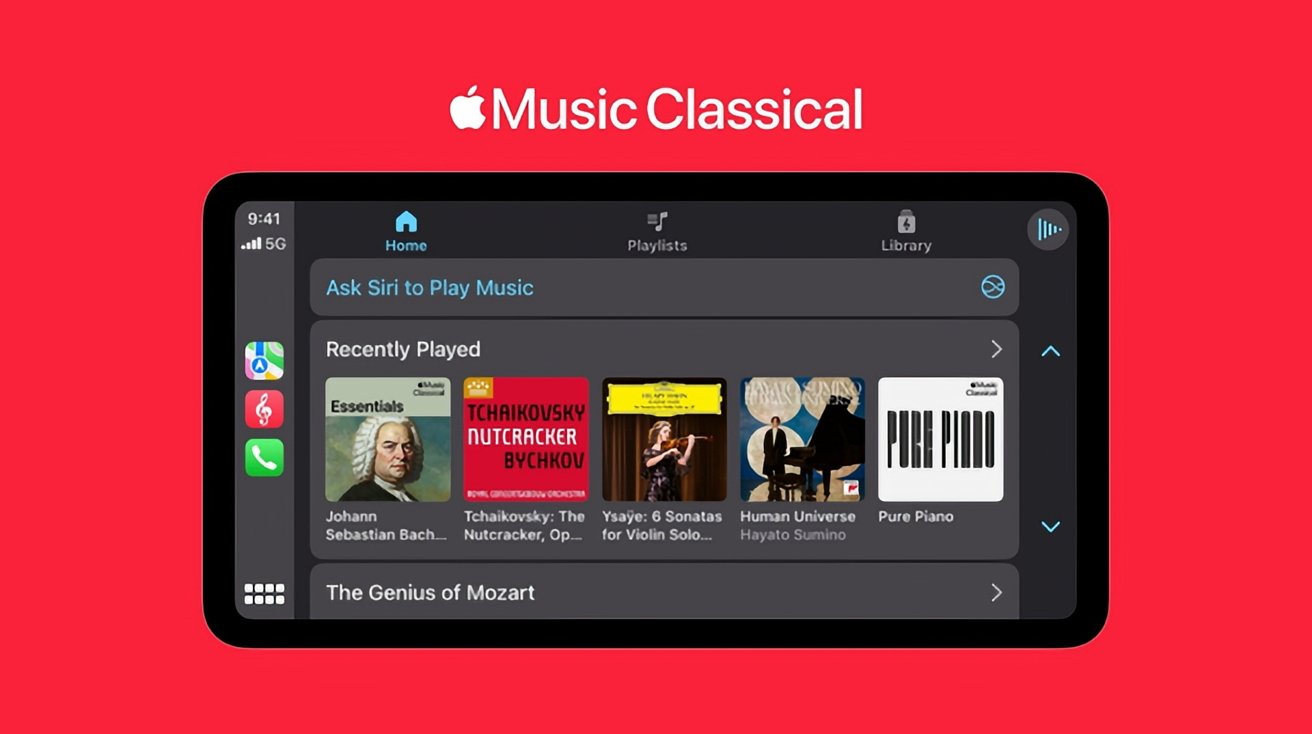 Apple Music Classical 界面显示最近播放的专辑，背景为红色。