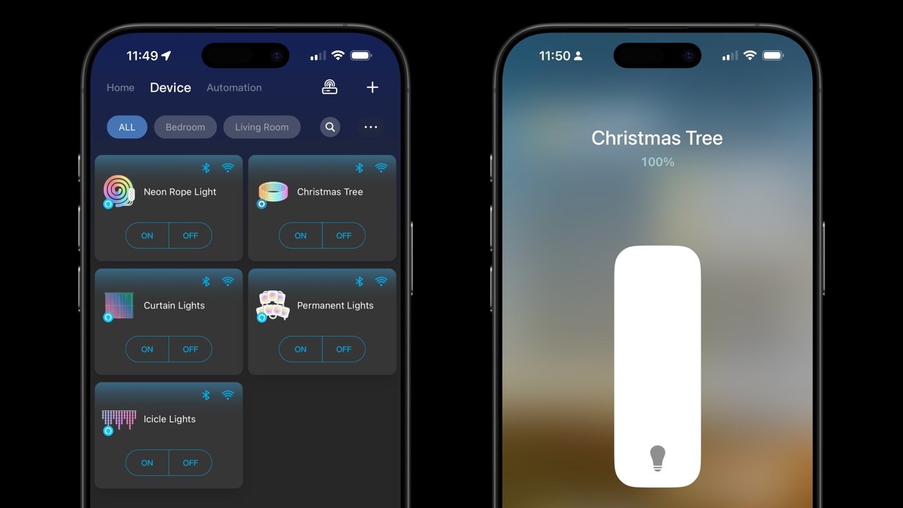 两部智能手机屏幕：左侧是智能家居应用程序的灯光控制，右侧是标签为圣诞树的设备亮度调整滑块。