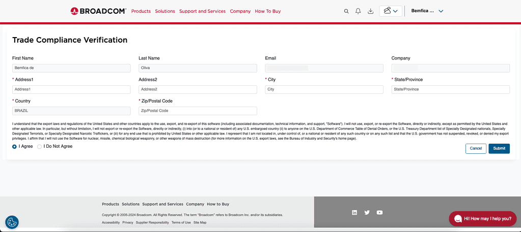 VMWare Broadcom data confirmation page