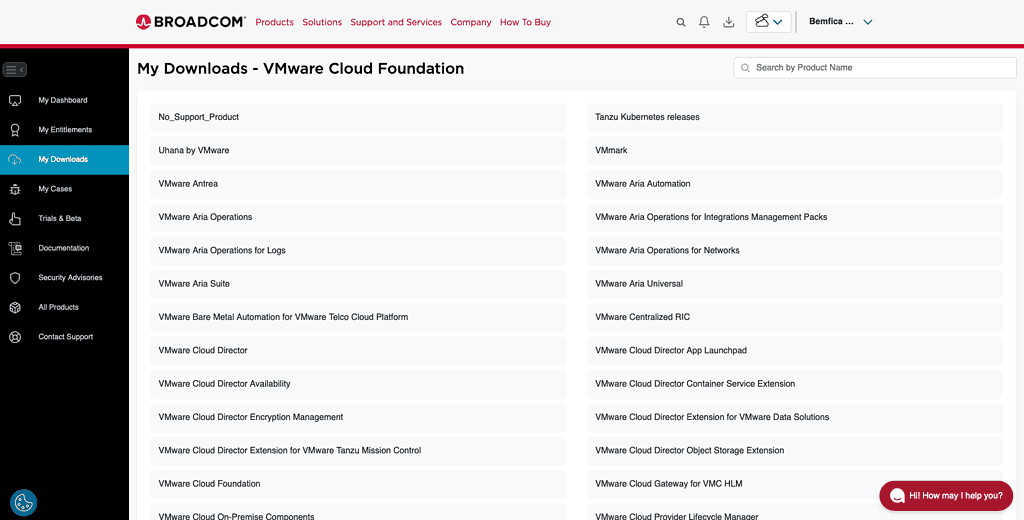VMWare Fusion Broadcom dashboard download page
