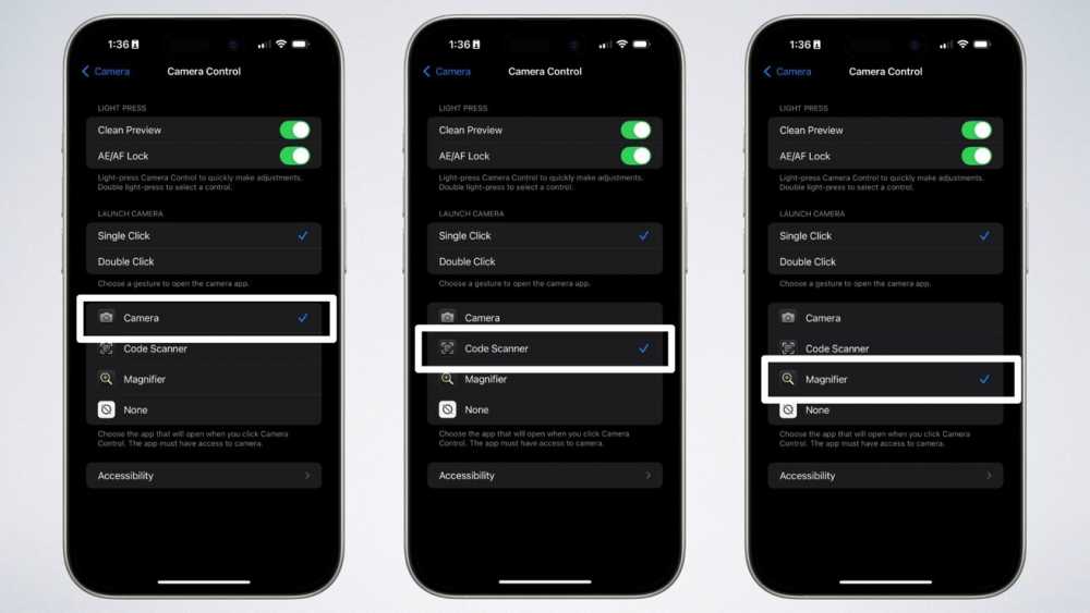 三款iPhone屏幕展示相机控制设置，显示单击或双击动作的选项，有相机、代码扫描器和放大镜的选择。