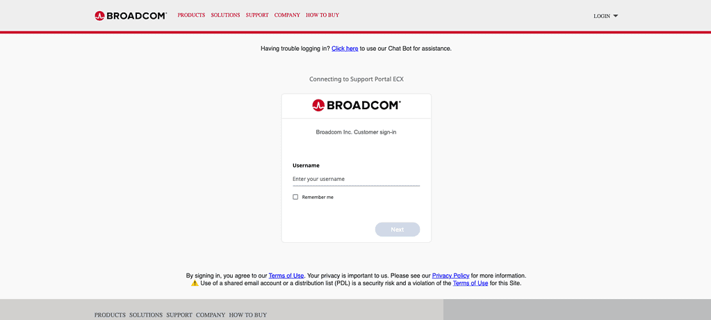 VMWare Broadcom login screen