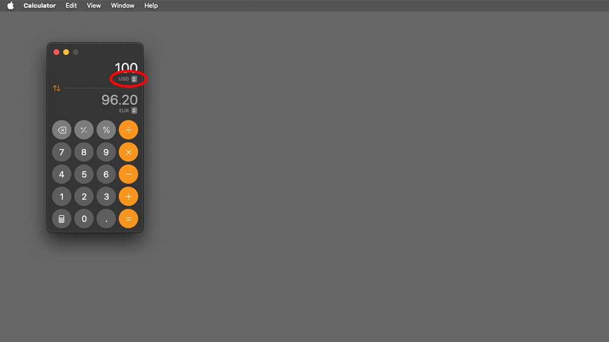 macOS Sequoia的计算器货币转换模式。