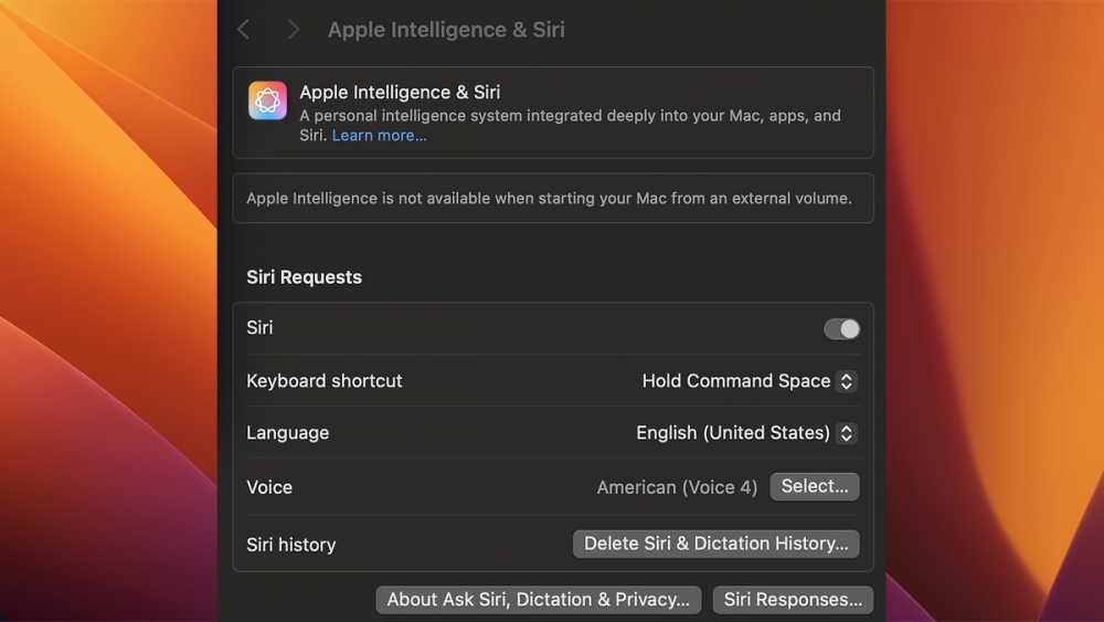 启动磁盘为外部驱动时无法使用 Apple Intelligence。