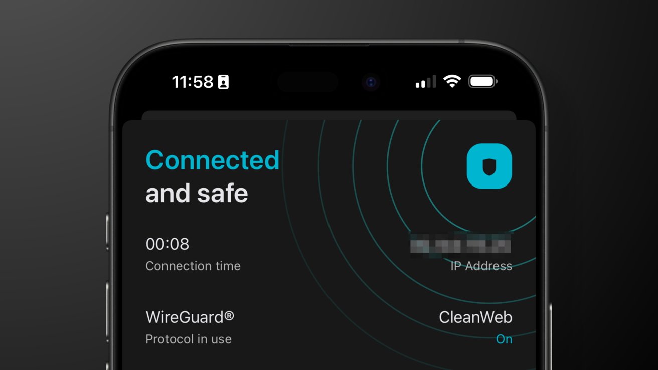 智能手机屏幕显示VPN状态：连接安全，连接时间，WireGuard协议。