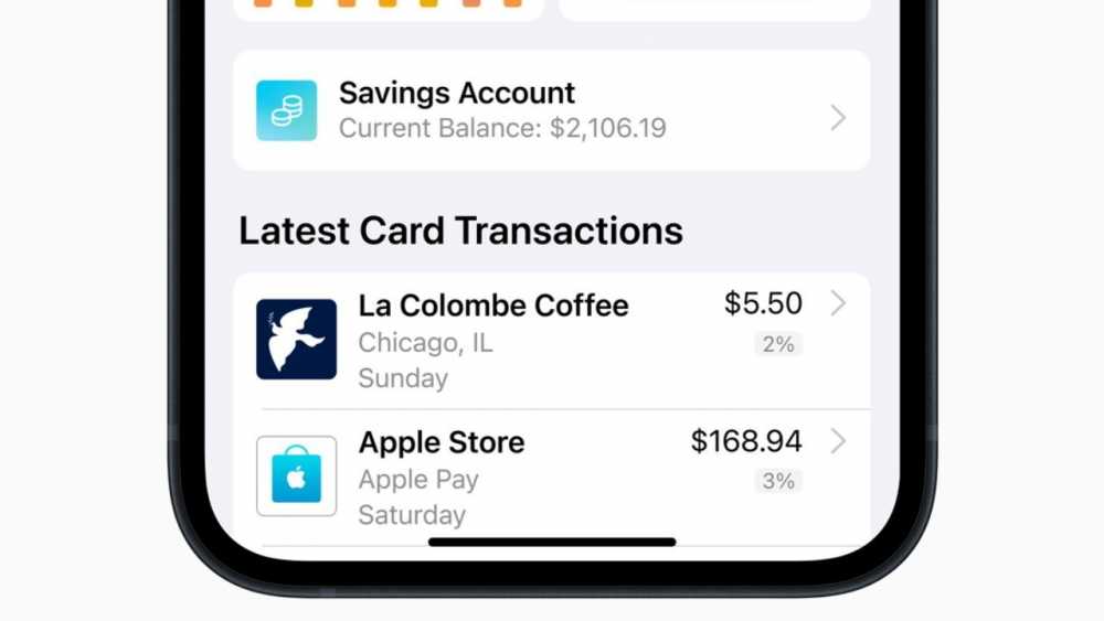 iPhone屏幕显示储蓄账户余额为$2,106.19及最新的卡片交易记录：La Colombe Coffee $5.50, Apple Store $168.94.