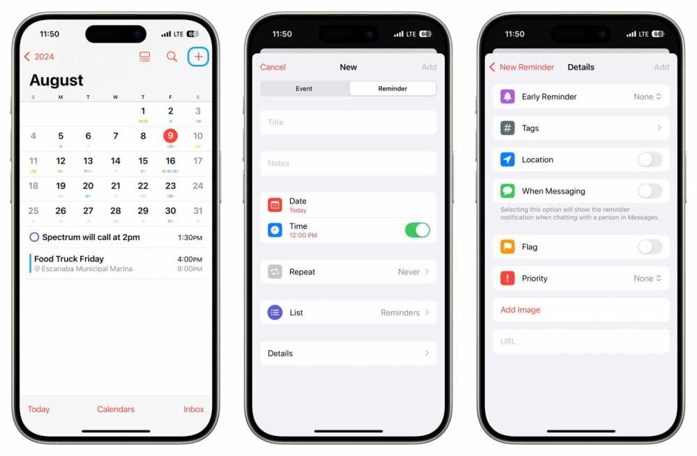 三个 iPhone 屏幕显示日历、新事件提醒表单和详细的提醒设置,包括时间、日期、位置和优先级选项。