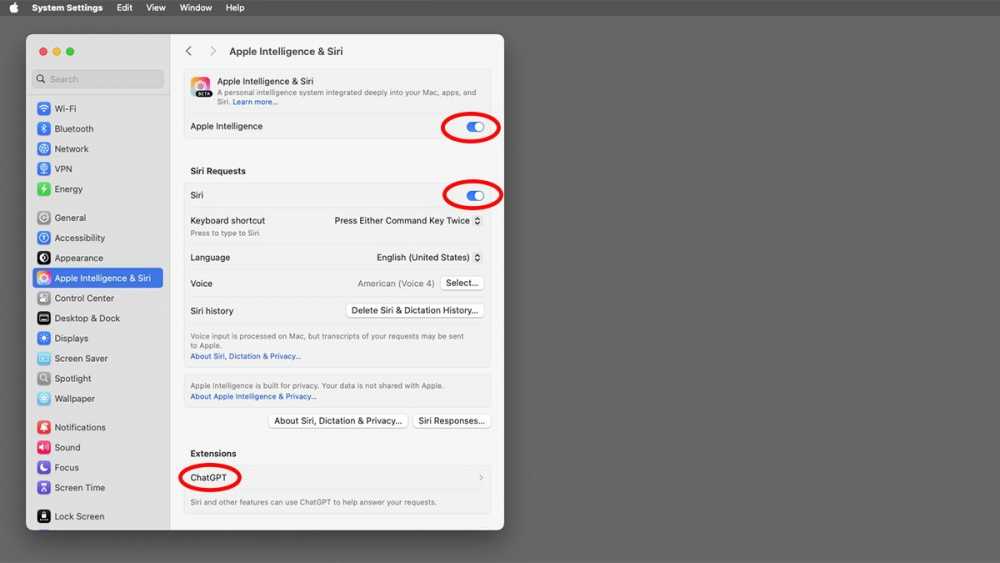 在系统设置中使用滑块打开或关闭 Apple Intelligence 和 Siri。