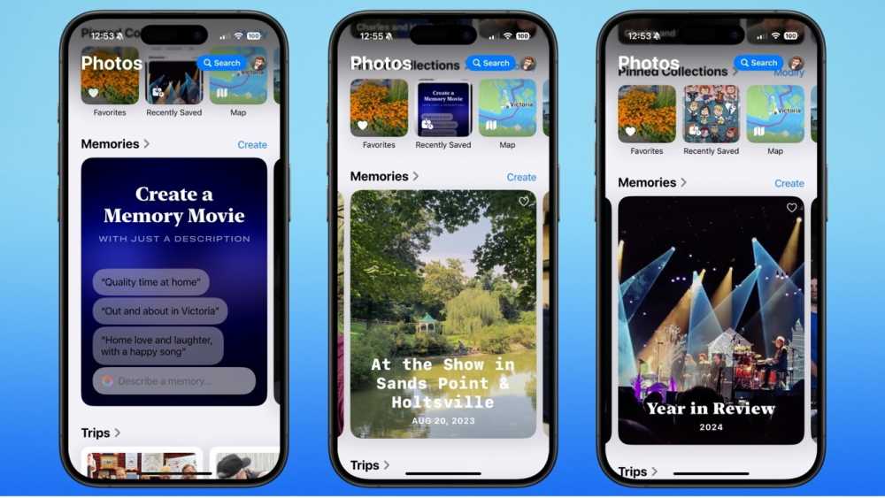 三部 iPhone 屏幕显示照片应用界面的记忆创建选项、风景图像和灯光下的音乐会舞台。