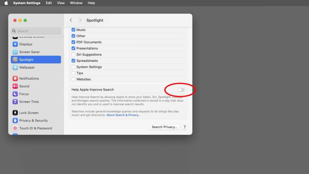 在macOS中使用Spotlight面板来关闭发送搜索数据给Apple的功能。
