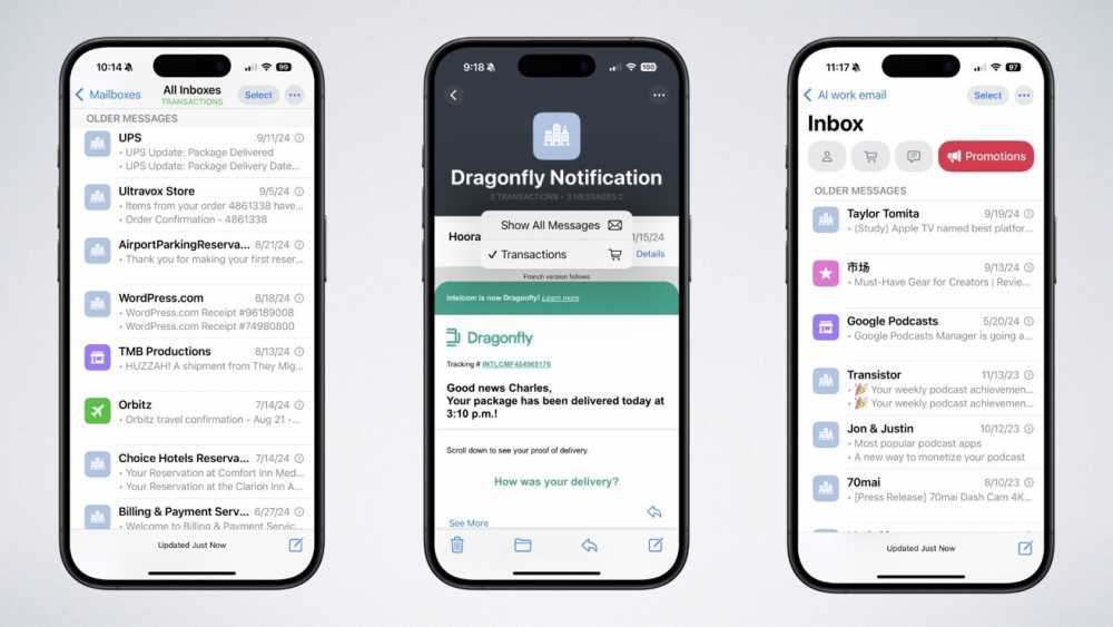 Three iPhone screens display various email inboxes and a notification email from Dragonfly about a package delivery.