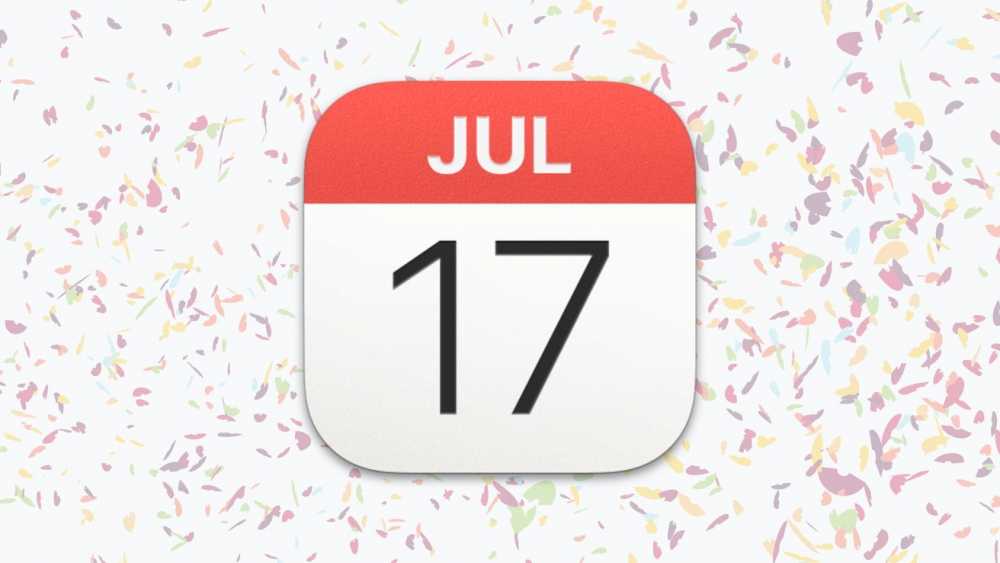 显示'JUL 17'的日历图标,背景为红白色,四周洒满五彩缤纷的纸屑。
