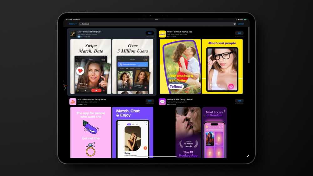 Tablet screen displays various dating app advertisements with colorful designs and images of people. Text includes phrases like 'Swipe Match Date,' 'Meet real people,' and 'Match, Chat & Enjoy.'