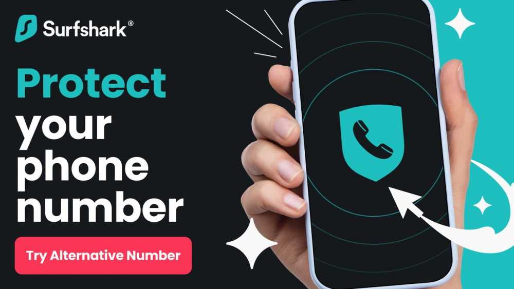 Hand holding smartphone displaying phone icon with shield. Text reads: Protect your phone number, Try Alternative Number. Surfshark logo in corner.