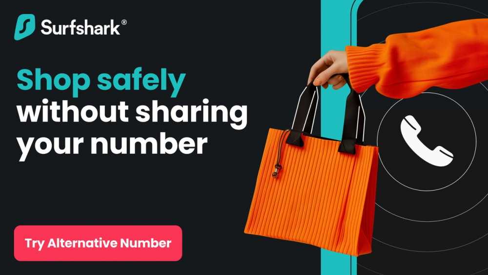 Person in orange sweater holding orange shopping bag, surrounded by privacy-themed graphics and text about shopping safely without sharing phone number.