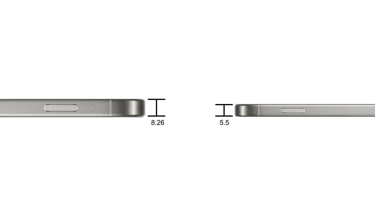 两款金属矩形物体从侧面展示,其中一款厚度为 8.26 mm,另一款为 5.5 mm,侧面有一个按钮。