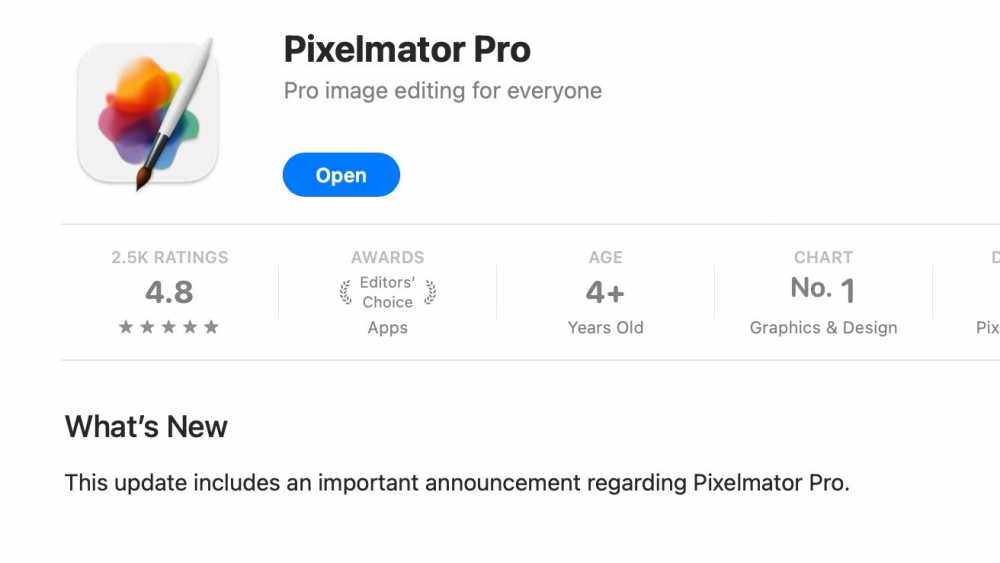 Pixelmator Pro应用描述,色彩丰富的图标,4.8星评级,编辑之选,适合4岁以上用户。