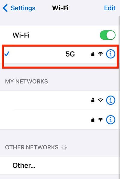 The Information Icon on the Wi-Fi Network on iOS Settings