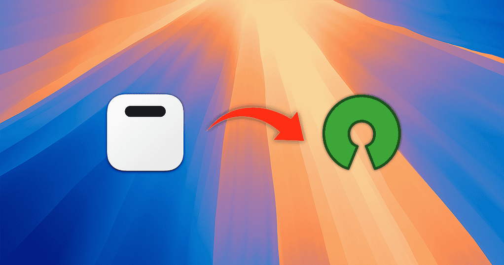 ClipBook icon to the left with a red curved arrow pointing to the Open Source Initiative icon on the right over the macOS Sequoia default wallpaper