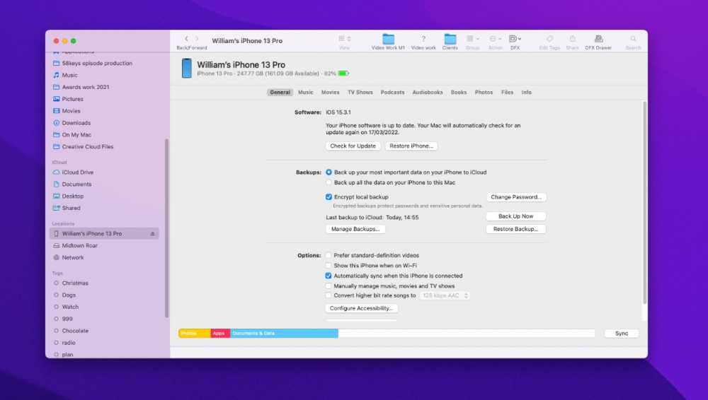 将iPhone连接到Mac，此屏幕使你可以备份和同步